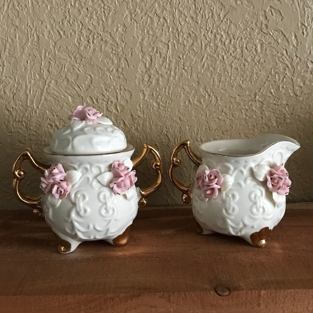 Vintage Cracker Barrel Rose Creamer & Sugar Set Porcelain Giftware - Picture 3 of 11